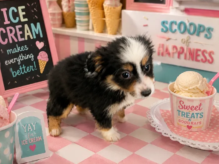 Female Miniature Australian Shepherd puppy named Sundae for sale at Puppy City Harrisonburg.